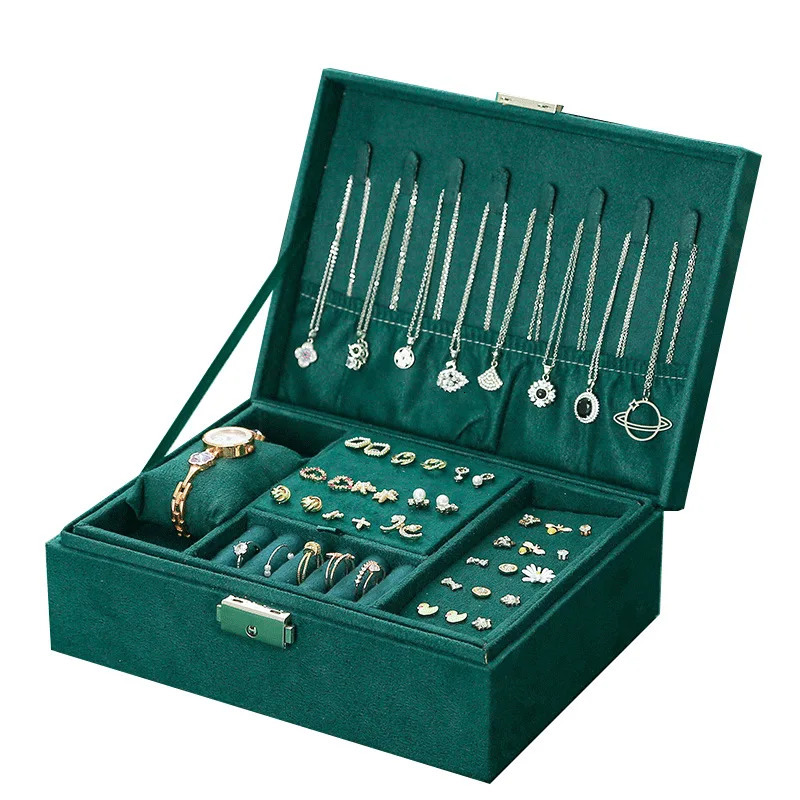 vintage style velvet jewelry box double lock storage box necklace watch ear jewelry box large capacity 250106
