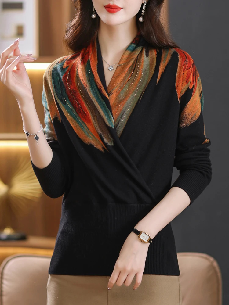 Print Sweater Tops Autumn Korean Fashion Women Clothing Long Sleeve Pullover Knitwears V Neck Womens Sweaters 250108
