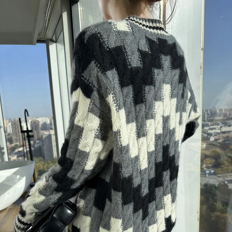 Autumn Winter Thick Round Neck Jacquard Womens Top 100% Pure Wool Knitted Sweater Long Sleeve Loose Chic Pullover Shirt 250108
