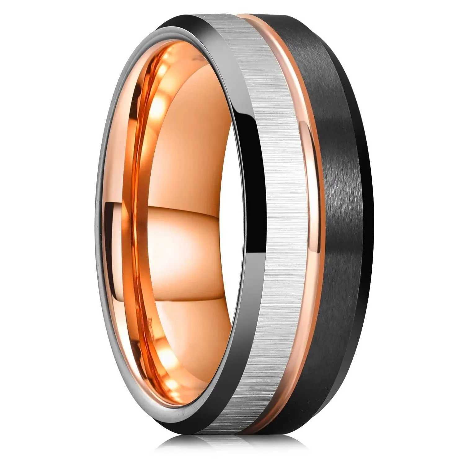 Fashionable 8mm mens black brushed stainless steel ring rose gold colored wire groove edge mens ring wedding jewelry wholesale W250109