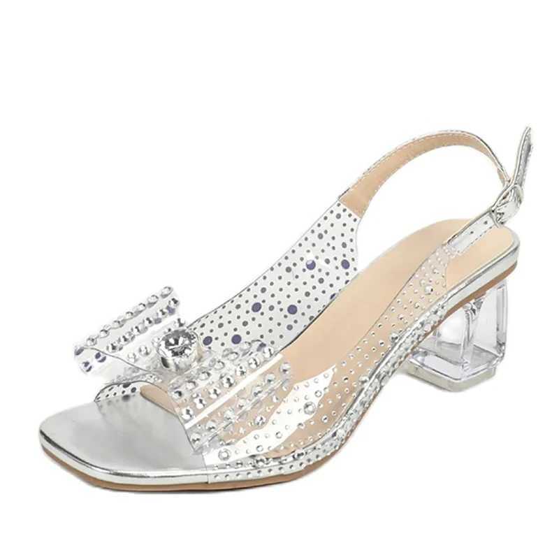 2025 New Arrivals Crystal Rhinestone Bowknot Transparent Sandals Women Silver Square Open Toe Clear Heels Party Prom Shoes 250110