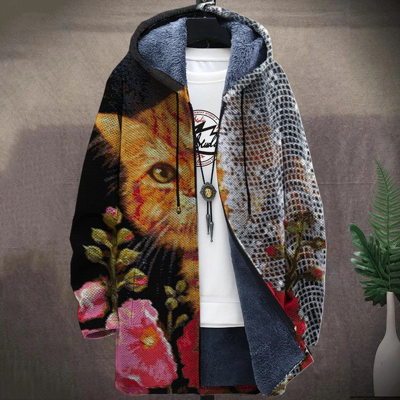 MenS Art Cat Graphic Winter Coat Print Pattern Knitted Sweater Cardigan Zipper Hooded With Thick Fleece For Youth 250107