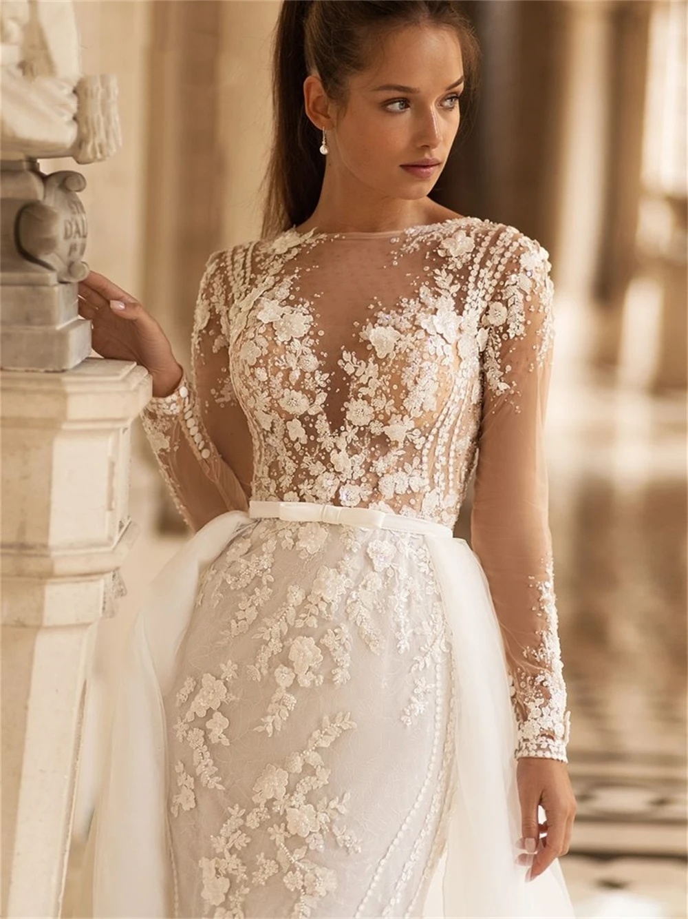 Mermaid Wedding Dress with Jewel Neck, Long Sleeves, Appliques & Detachable Train - Customized 2024