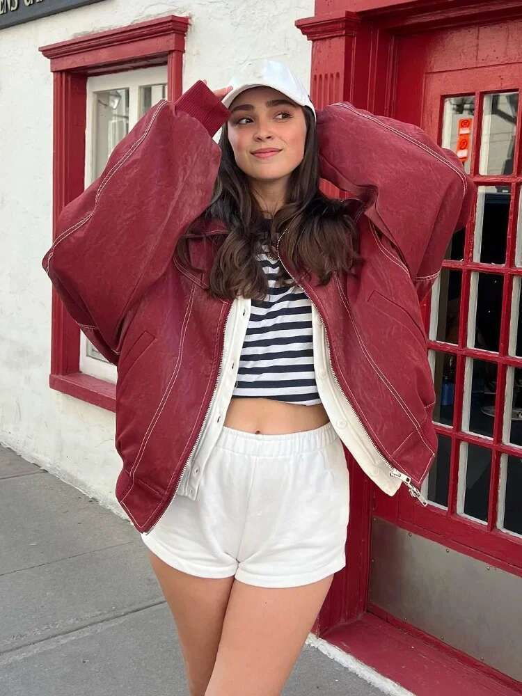 2025 Spring Red Contrast Leather Bomber Women's Jacket Fashion Zipper Front Lapel Pocket Coats New Lady High Streetwear