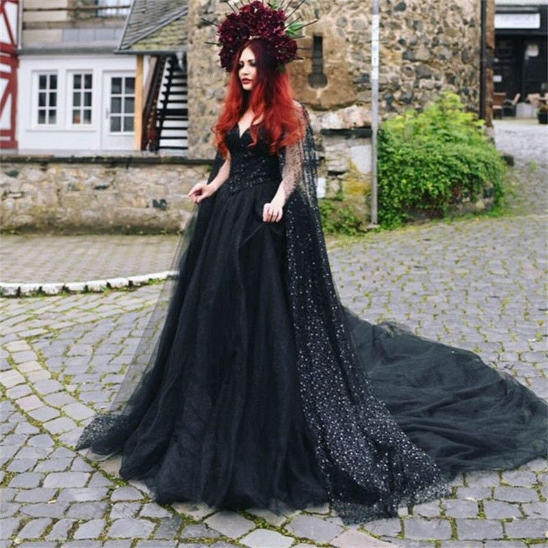 Black Vampire Gothic Wedding Dress Victorian Sequin Cape A Line Medieval Fantasy Bride Dress Tulle Country Bridal 2025 Custom Dubai Arabic Vestio De N