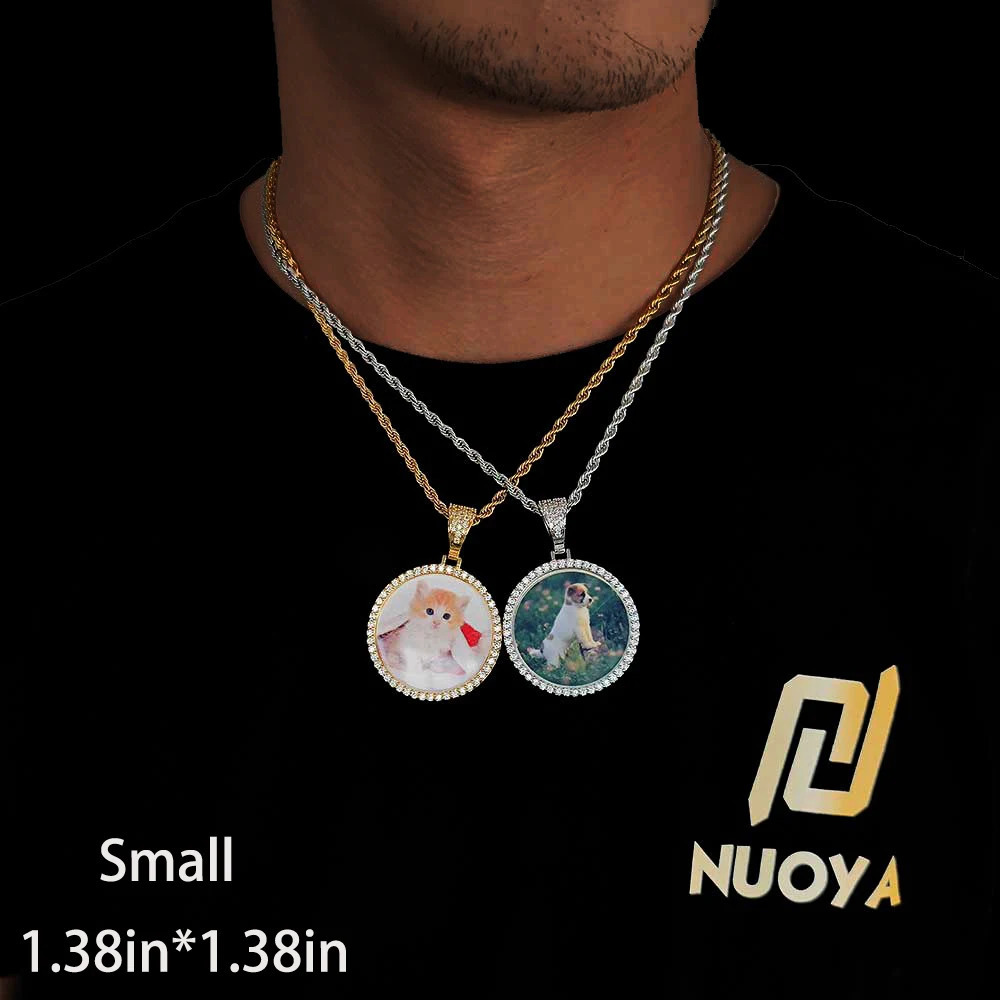 Hip Hop Jewelry Bling CZ Memorial Picture Frames Necklace Personalization Po Custom 263545685MM Circle Medallions Pendant 250109