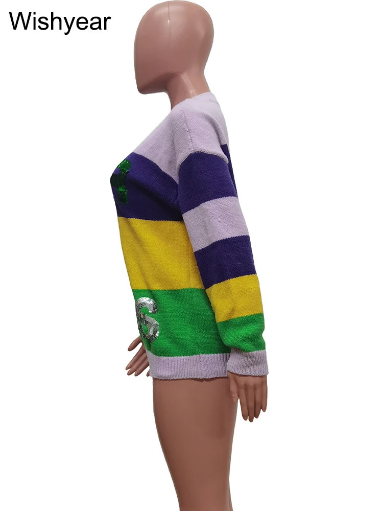 Elegant Sequin Letter Color Block Sweaters Women Loose Fit O Neck Long Sleeve Winter Knit Pullover Tops Fashion Streetwear 250108