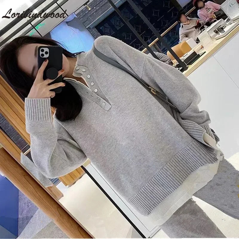 Vintage Chic Style Knitted Sportswear TwoPiece Suit Autumn And Winter Fashion Loose Sweater WideLeg Pants Sets 250106