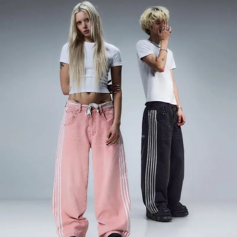 Y2K Baggy Jeans high quality Embroidered Striped Harajuku Sweatpants men women Hip Hop streetwear Casual wide leg Denim y241226