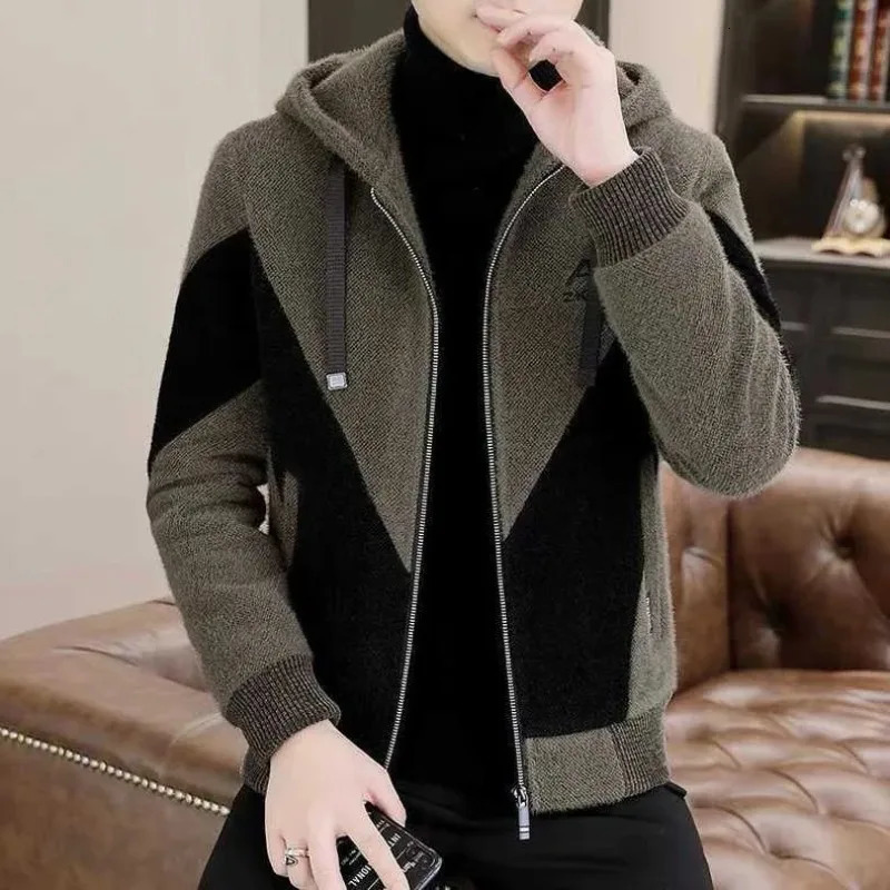 Man Coat Lamb Wool Jacket Elegant Office Store Winter Outwear Hooded Windbreaker Color Blocked Loose Thicken Warmth Top Trend 250106