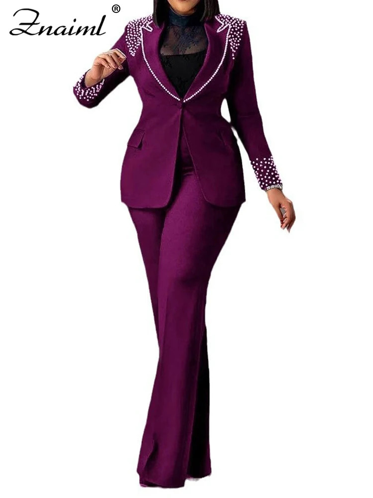 Znaiml Elegant Formal Office Lady Two 2 Pieces Women Clothing Pearls Blazer Coat and Straight Pants Work Business Matching Sets 250106