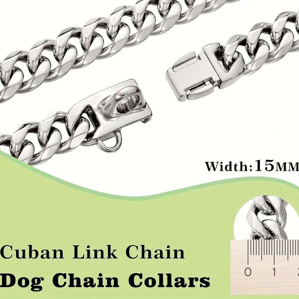 15mm Dog Chain Walking Metal Collar With Design Secure Buckle Cuban Link Strong Heavy Duty Chew Proof