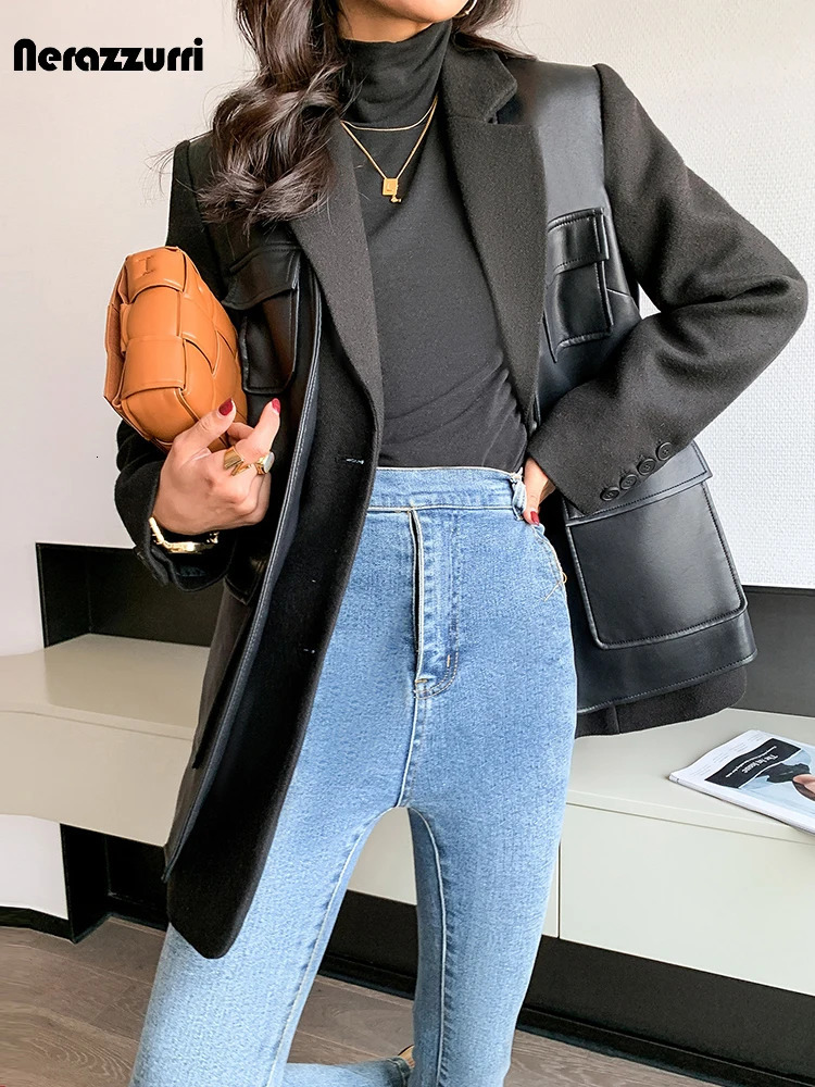 Nerazzurri Autumn Black Wool Blends Patchwork Leather Jacket Women with Many Pockets Long Sleeve Korean Fashion Streetwear 250103
