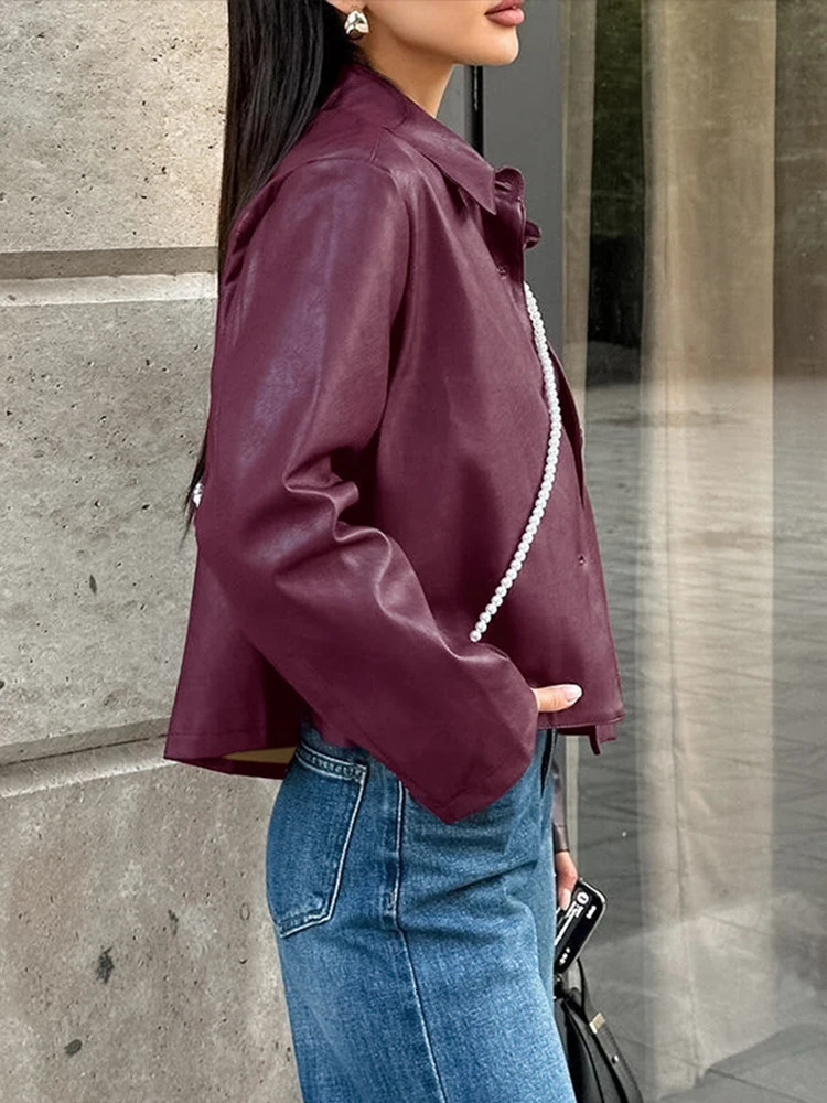 Vintage Burgundy Leather Jacket Street Laple Single Breasted Full Sleeve Lady Coats 2025 Spring Fashion Female Outwears 250103