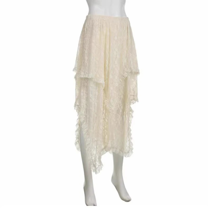 Chic Irregular Aline Skirts Fashion Holiday for Women Vintage Ruffles Floral Kintted Lace Streetwear Faldas Mujer 250106
