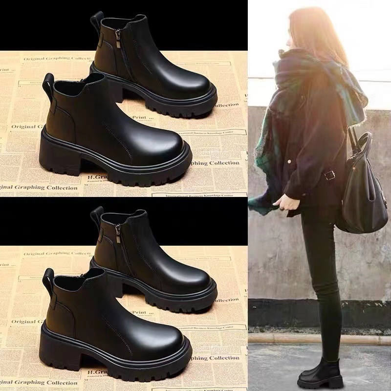 Leather Thick Heel Huizhou Martin Boots for Women Autumn and Winter 2023 New Versatile Thick Bottom Side Zipper with Velvet Casual Short Boots