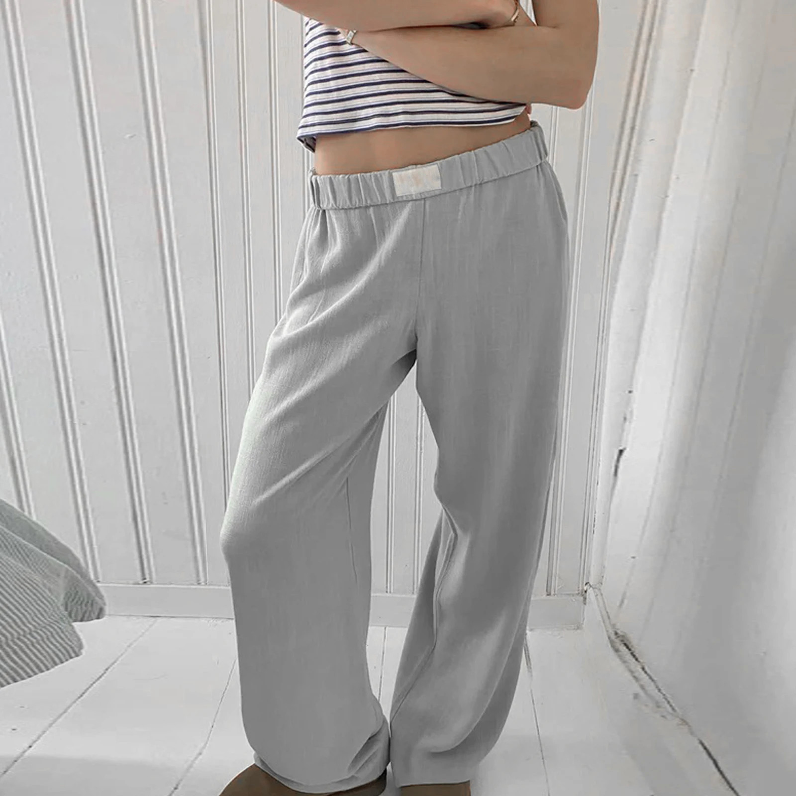 Combhasaki Womens Y2K Vintage Retro Casual Long Pants Elastic Wide Band Waist Solid Loose Trousers Loungewear Streetwear 250108