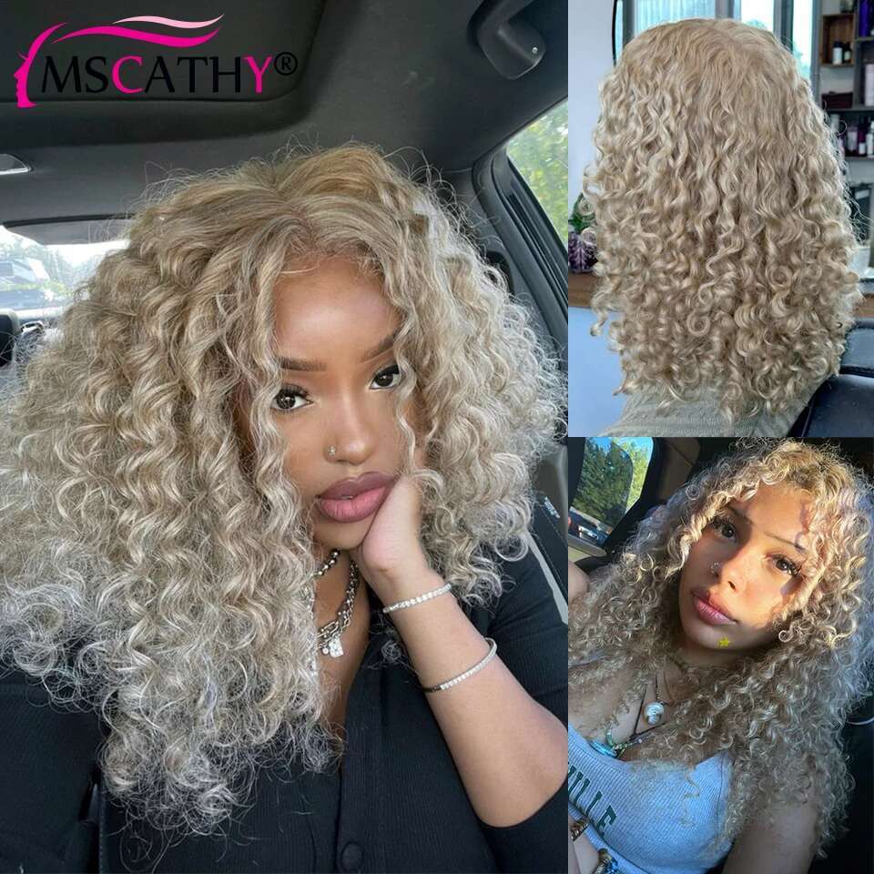 250% Glueless Ash Blonde Colored Human Hair For Women 13x4 13x6 Afro Kinky Curly Transparent Lace Frontal Wigs