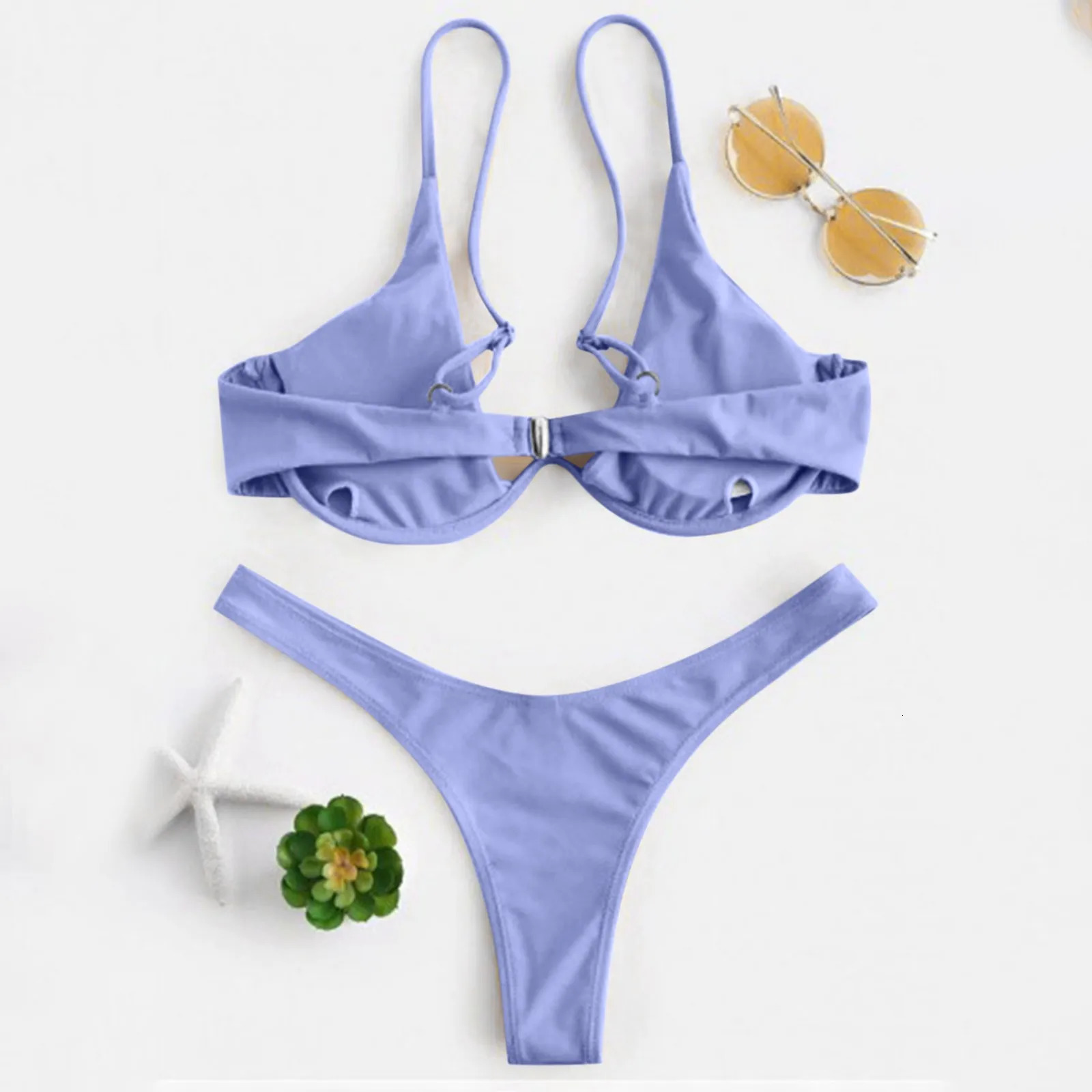 Sexy Underwire Bikini Mujer Women Solid Red Push Up Bra Thong Swimsuit Halter V Neck Bathing Suit Mini Micro Swimwear 250108