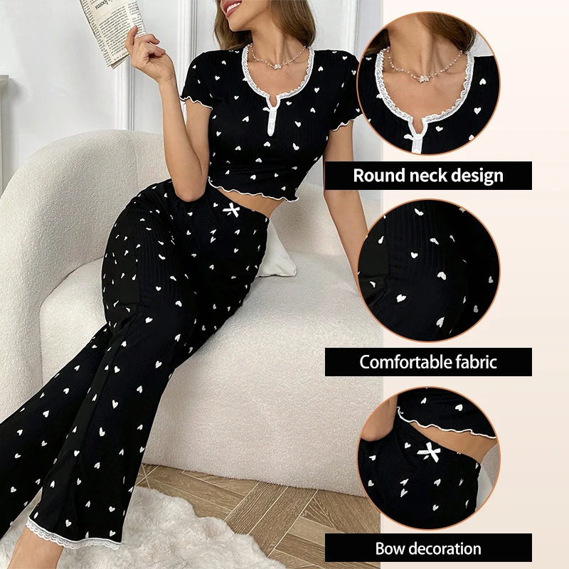 Womens Casual Pajamas Set Love Print Black Lounge Wear Decorative Button Lace Edge Short Sleeve Pants 250106