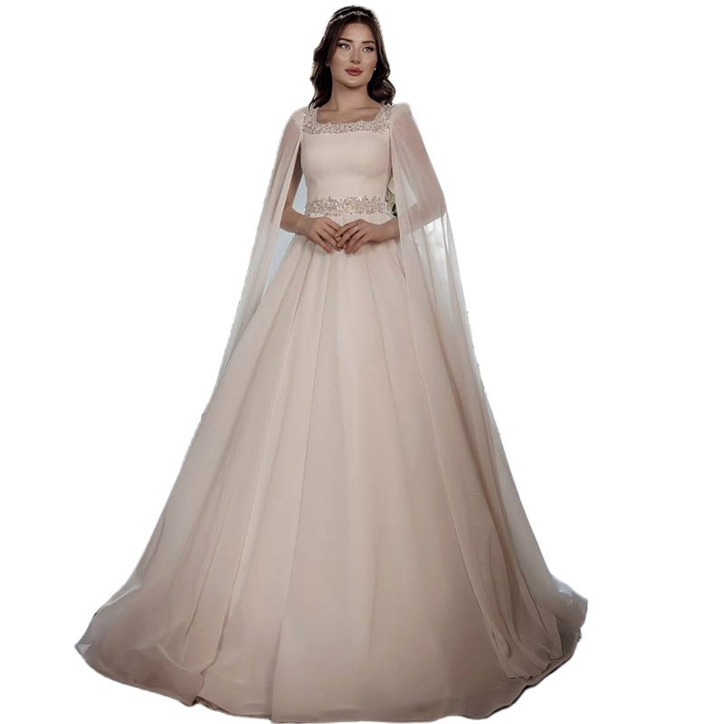 Simple Ivory Chiffon A-Line Wedding Dresses Cape Sleeves Crystals Sequins Beaded Square Neck Sash Elegant Long Bridal Gowns Custom Made 2025