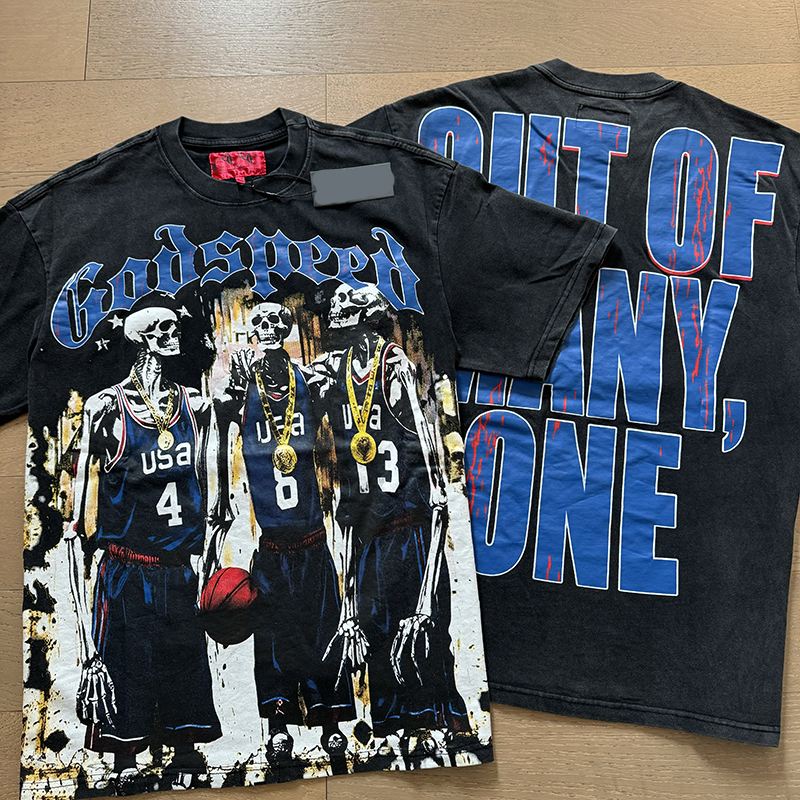 godspeed designer men's t shirt High quality casual fashion street hip Hop Skull Print Vintage Wash Water T shirts US size S/M/L/XL