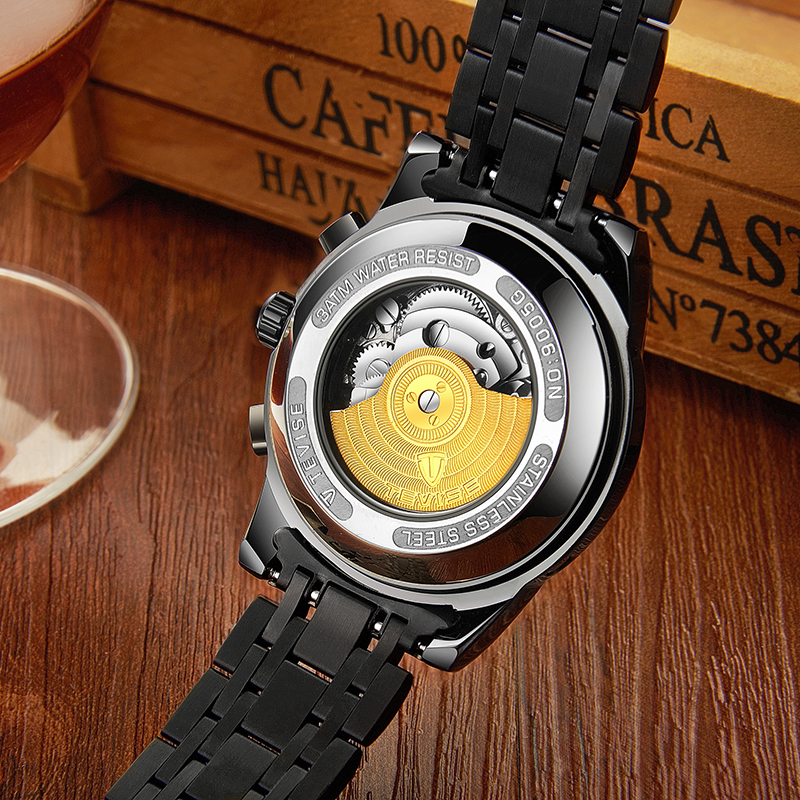 TEVISE Moonwatch Watch Mens Hollow-out Luminous Automatic Mechanical Watch with Stainless Steel Strap Business Wristwatch for Men T040-9005