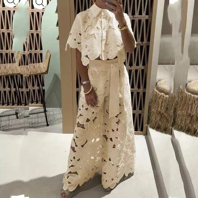Sexy Women Lace Embroidery Hook Flower Hollow 2 Pieces Summer Temperament Solid Color Tailored Collar TopWide Leg Pants Suit 250109