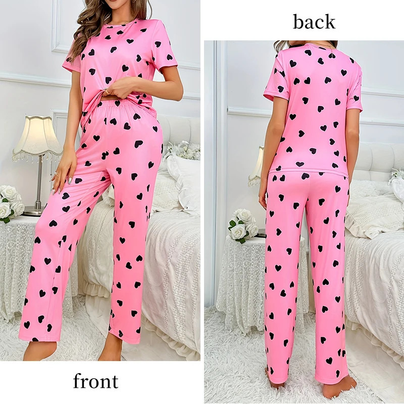 Two Piece Summer Selling Womens Home Leisure and Comfortable Pink Print Love Pajama Set 250110
