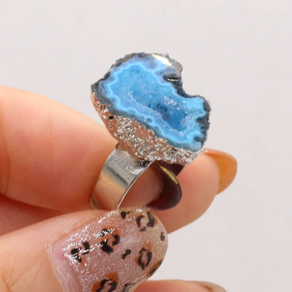 Natural Stone Gem Classic Retro Trend Ring Zinc Alloy Agate Crystal Cluster Adjustable Size Party Jewelry Exquisite Gift Making 250106