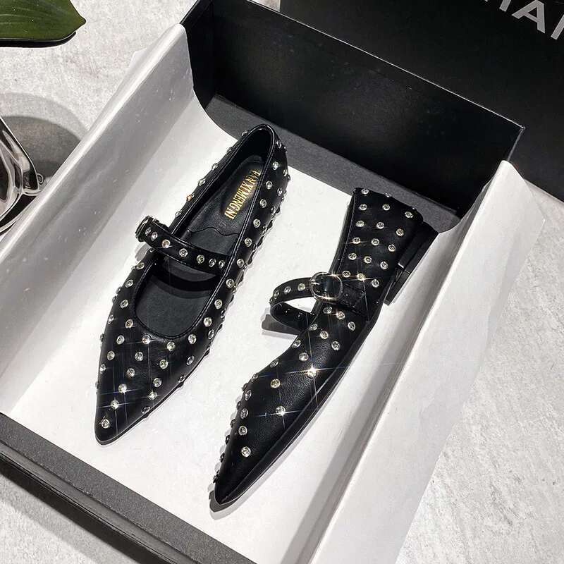 French Retro Riveted Mary Jane Single Spring Autumn Girls Pointed Flat Bottom Sweet Fairy Style Women's Shoes Size 34-43