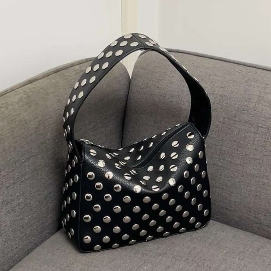 Dark Style Rivet Armpit 2025 Niche Design Personality Heavy Industry Motorcycle Street Punk Black Portable Shoulder Bag