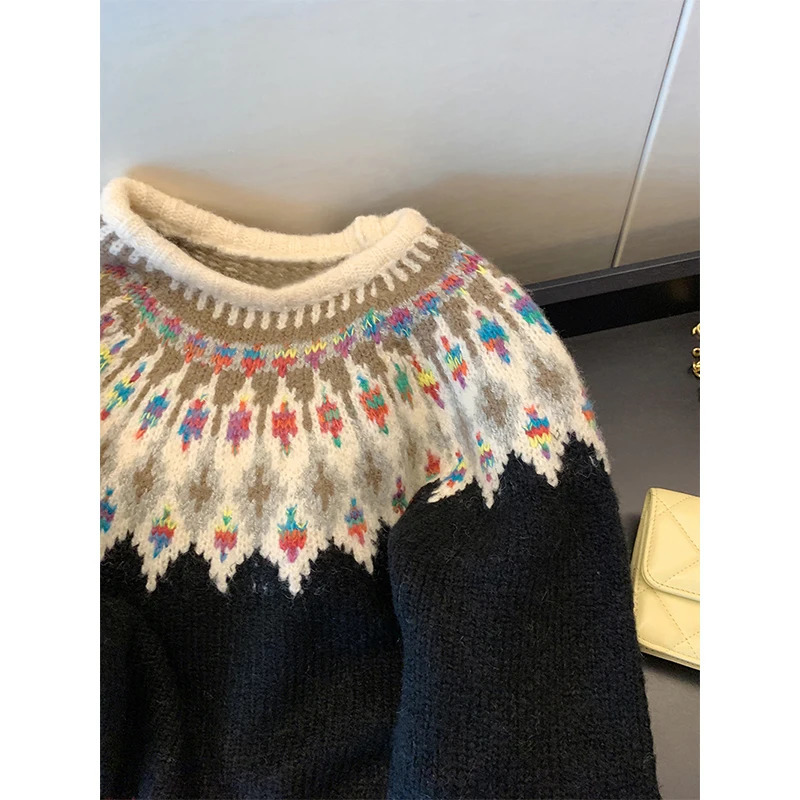 MEXZT Vintage Print Sweater Women Harajuku Long Sleeve Knitted Pullovers Korean Aesthetic Knitwear Winter Chic Casual Jumpers 250108
