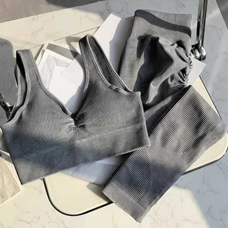SVEIC Fitness Seamless Yoga Set Ribbed Sport Bra Washing Knitting Top Sportswear Leggings Workout Suit Gym Women Outfit ClothingXJ250109