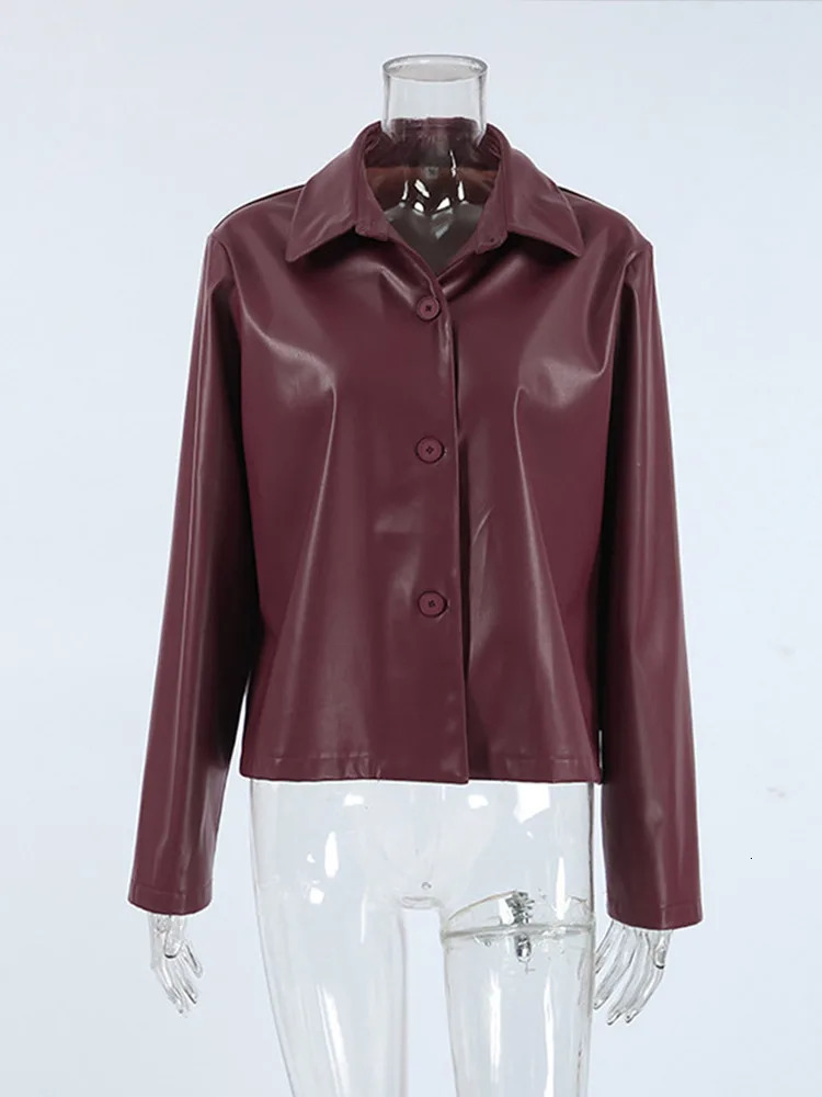 Vintage Burgundy Leather Jacket Street Laple Single Breasted Full Sleeve Lady Coats 2025 Spring Fashion Female Outwears 250103