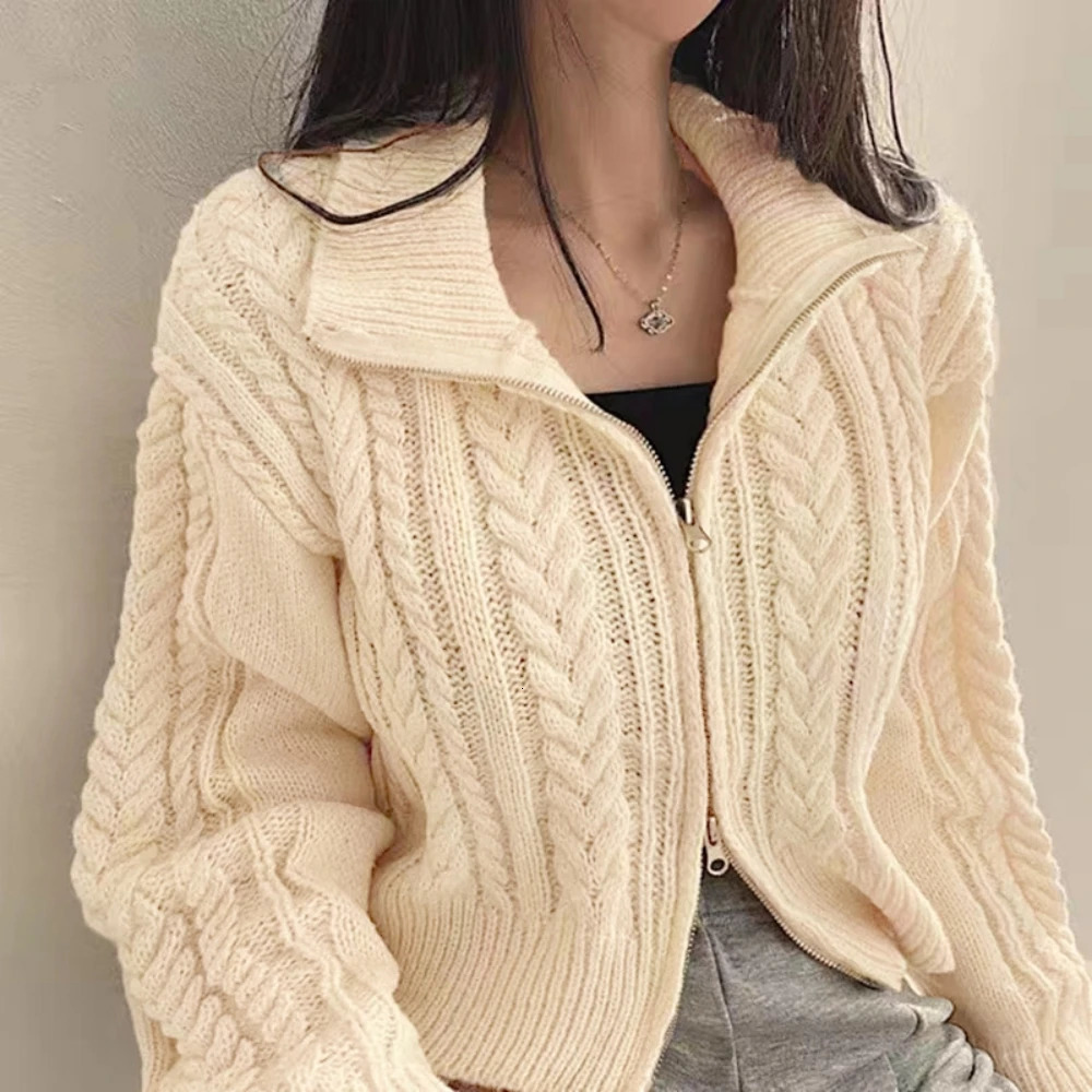 Twists Knit Short Coat Long Sleeve Zipper Sweater Casual Women Cardigan Vintage Winter Korean Chic Elegant Lady Trend Top 250108