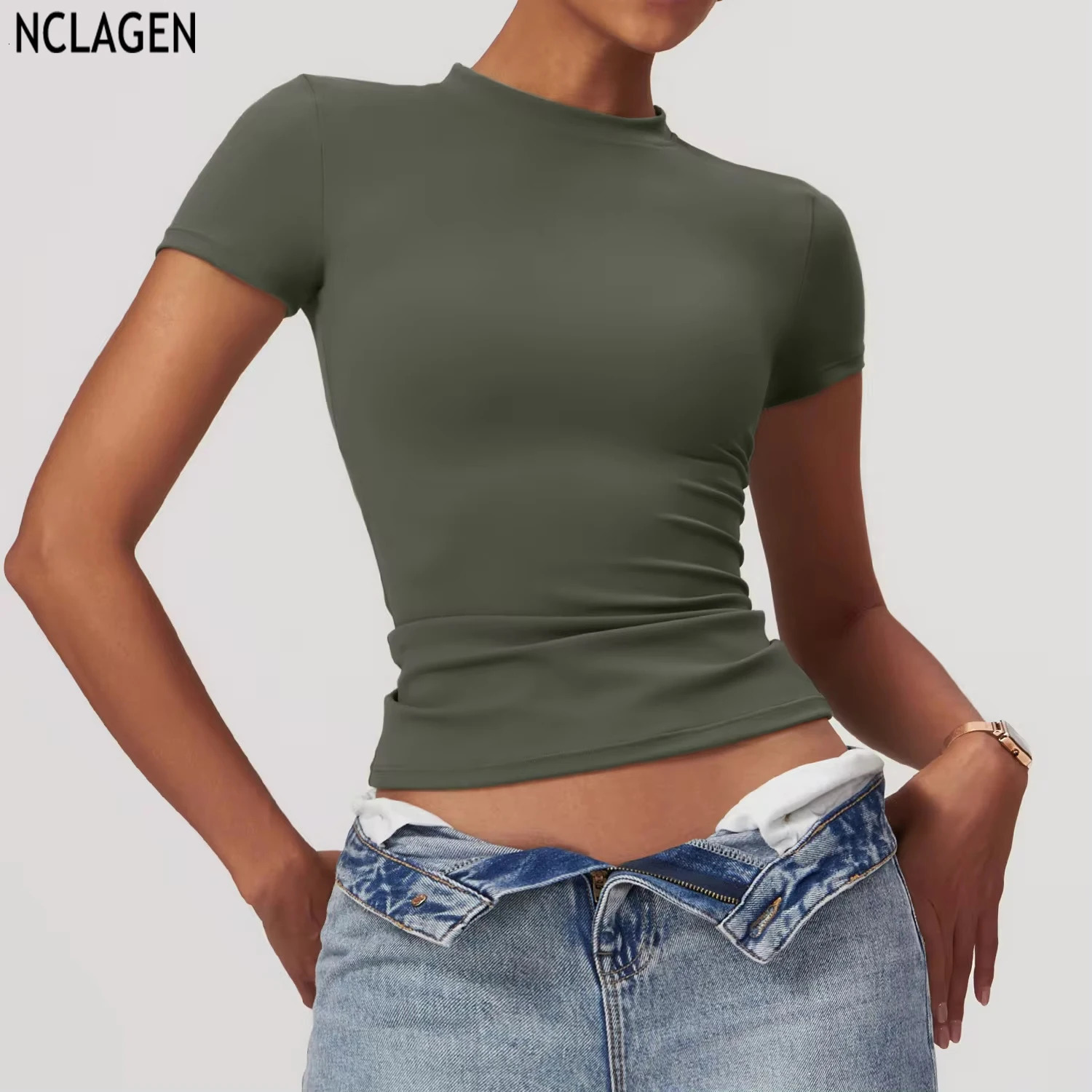 NCLAGEN Short Sleeve T Shirt Women Sports Clothes Running Workout Round Neck Breathable GYM Wear Yoga Fitness Active Top Tee 250107