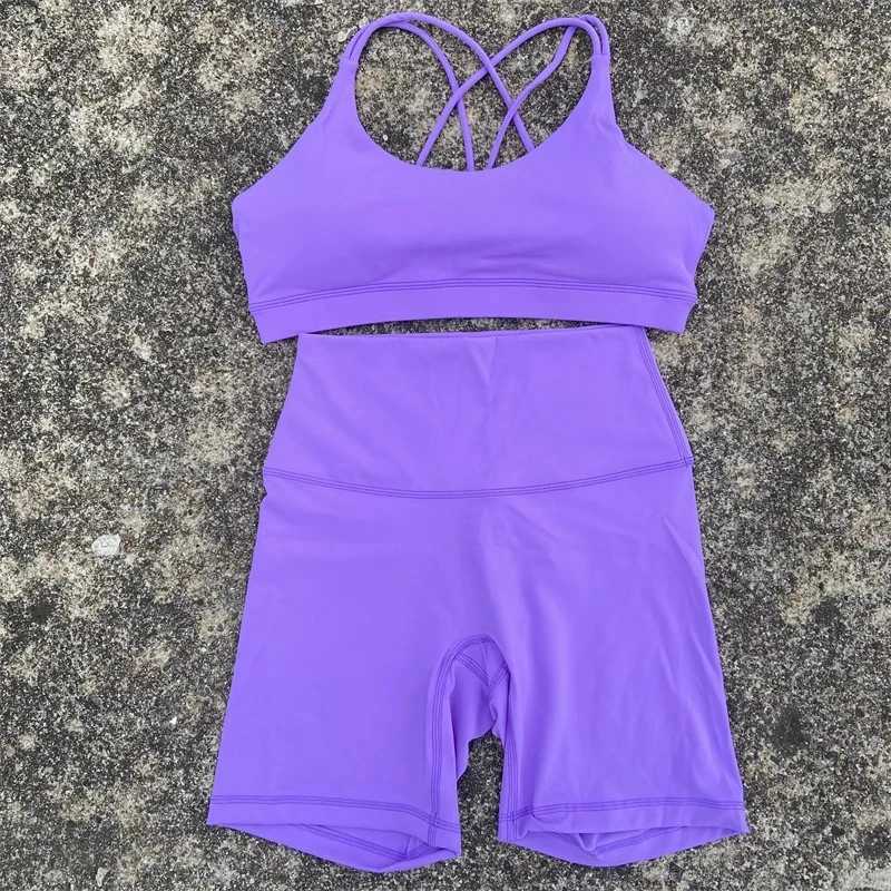 Solid color Women cross shoulder straps fitness Bra Top +Cycling Short 2 pc Gym Yoga short Leggings Set Soft Athletic sportwearXJ250109