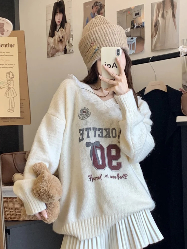 Zoki Lace Patchwork Sweet Sweaters Women Cute Letter Loose Knitted Pullovers Casual Long Sleeve Lazy Wind Elegant Retro Tops 250108