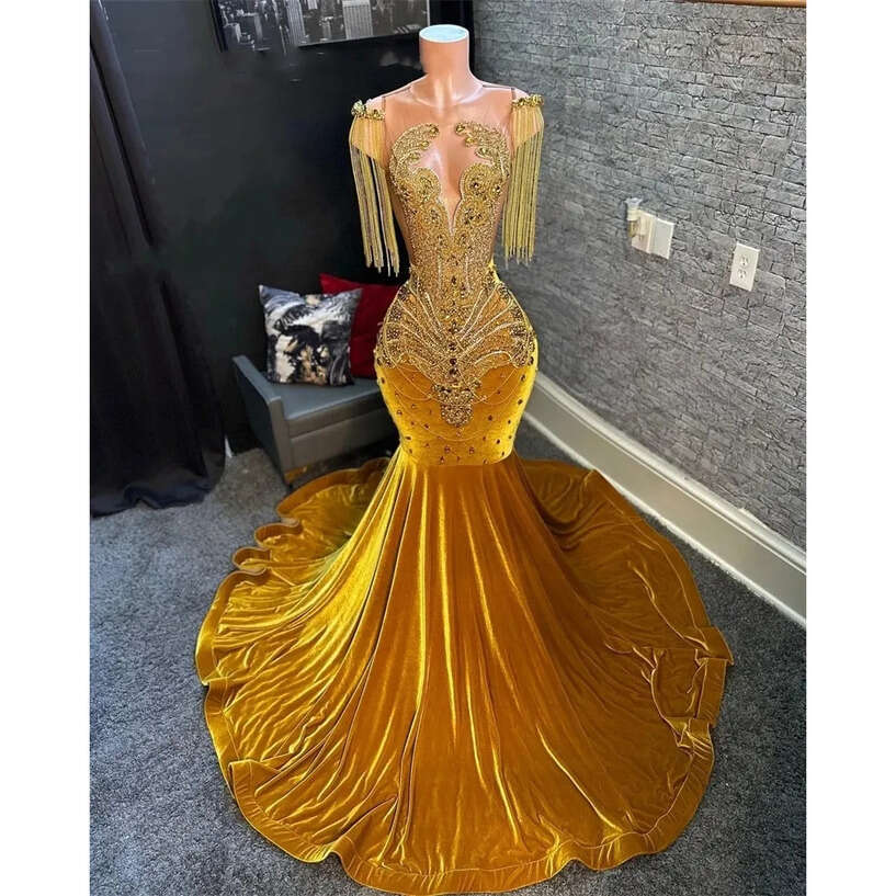 Gold O Neck Evening For Lack Girl Eaded Crytal Irthday Party Gown Mermaid Tael Long Prom Dree Robes