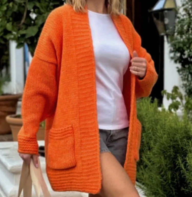 Europe and The United States Solid Color Knitted Cardigan Womens Autumn and Winter Loose Long-sleeved Knitted Sweater Coat 250106