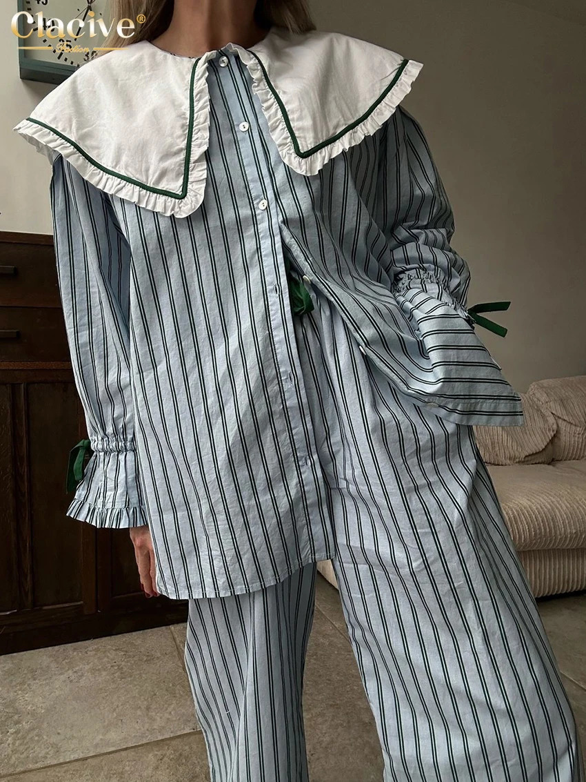 Clacive Fashion Loose Stripe Print Patchwork 2 Piece Sets Women Outfit Elegant Long Sleeve Shirt With High Waist Wide Pants Set 250106