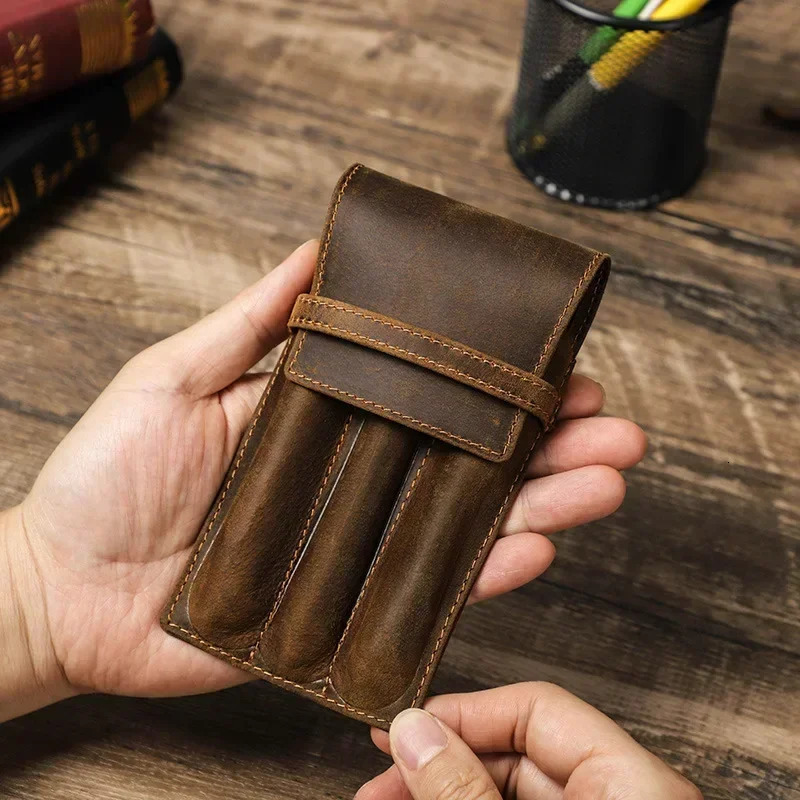Handcrafted Fountain Pen Pencil Case Genuine Leather Pen Bag for 1-3 Pens Stationery Office School Supplies For JINHAO 250110