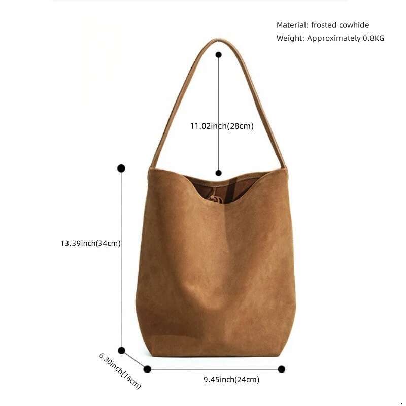 2024 New Female Work Commuter Shoulder Large Capacity Suede Frosted Cowhide Bucket Daily Travel Shopping Bag