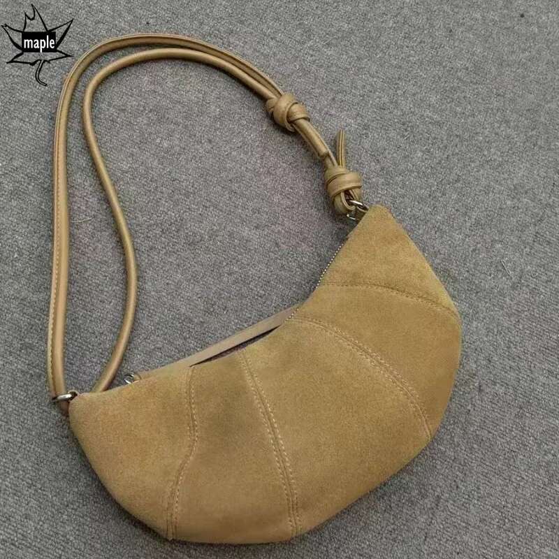 New Autumn Croissant Shape Women Crossbody Kakhi Real Suede Cow Leather Female Shoulder Bag Small Daily-Use Half-Moon Purse