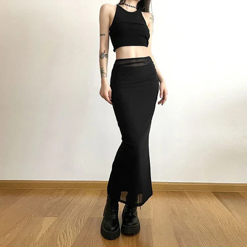 MEXZT Y2K Black Long Skirts Women Harajuku Sexy Mesh Patchwork Wrap Skirt Summer Gothic Korean High Waist Slim A Line Faldas 250106