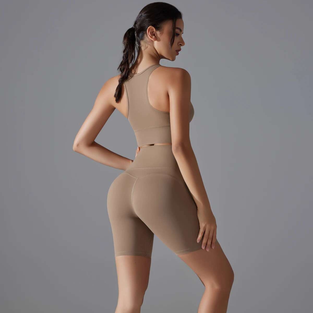 Suit Set Crop Tops Solid Color Nylon Bra Running Cycg Sports Gym Workout Yoga Shorts