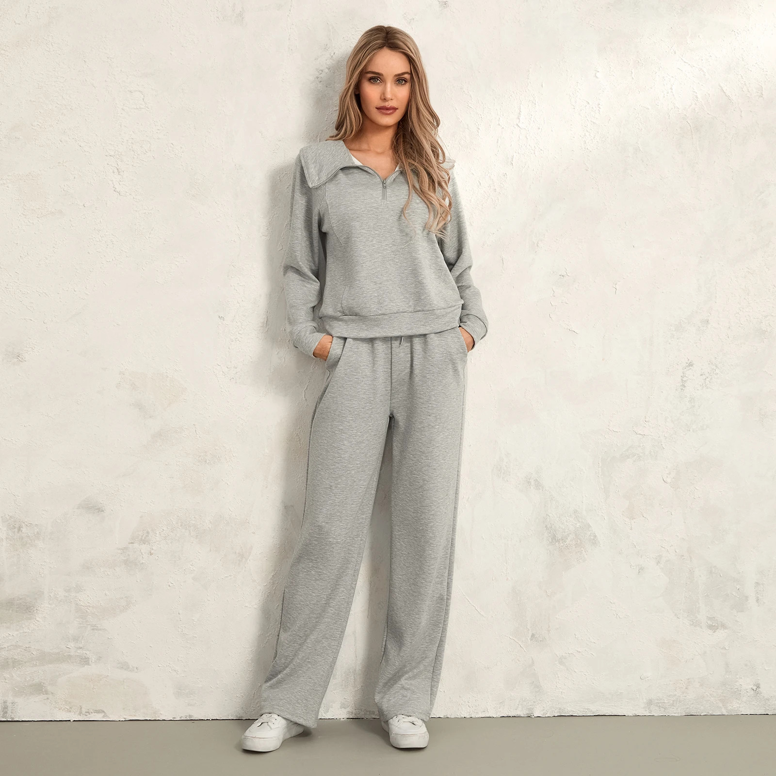 Women 2 Piece Running Sets Autumn Long Sleeve Lapel Half Zipper Sweatshirt and Drawstring Sweatpants Activewear Workout Outfits 250106