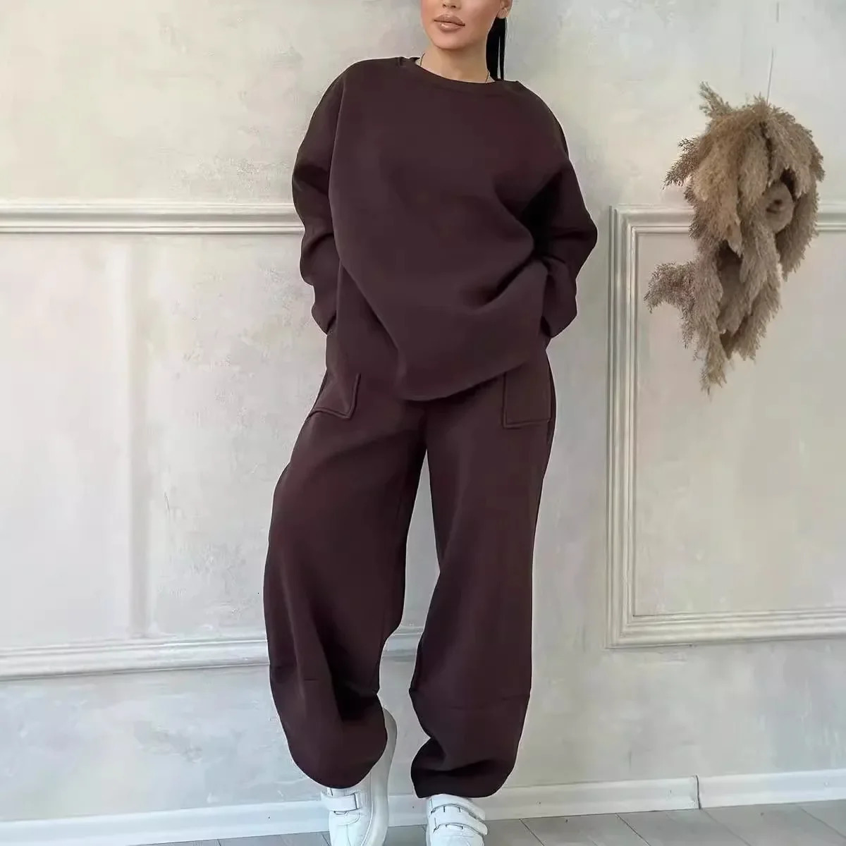 Two Piece Pant Sets Women Full Sleeve Sweatshirts Round Neck Straight Long Pants Suits Solid Spliced Thick Autumn Winter 250106