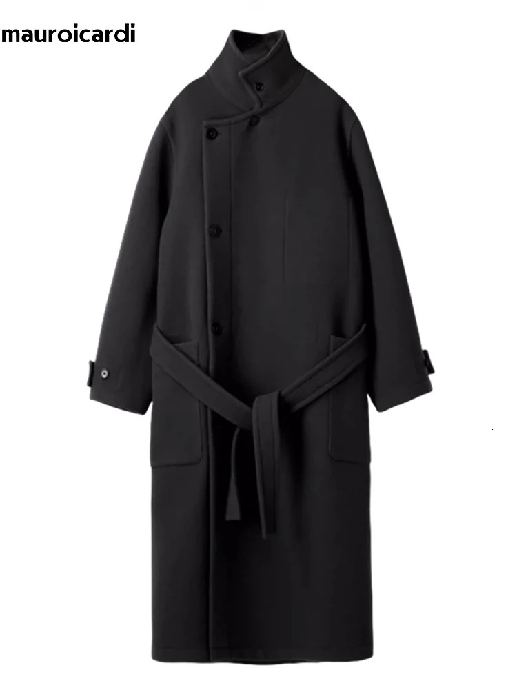 Mauroicardi Autumn Winter Oversized Long Thick Soft Warm Black Wool Blends Coat Men Clothes Woolen Overcoat 2024 250106